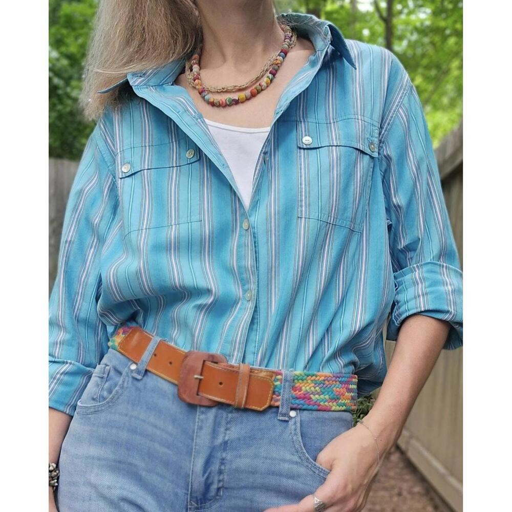 Vintage Striped Cotton Blouse: Blue & White Long Sleeve Shirt (Size M/L)